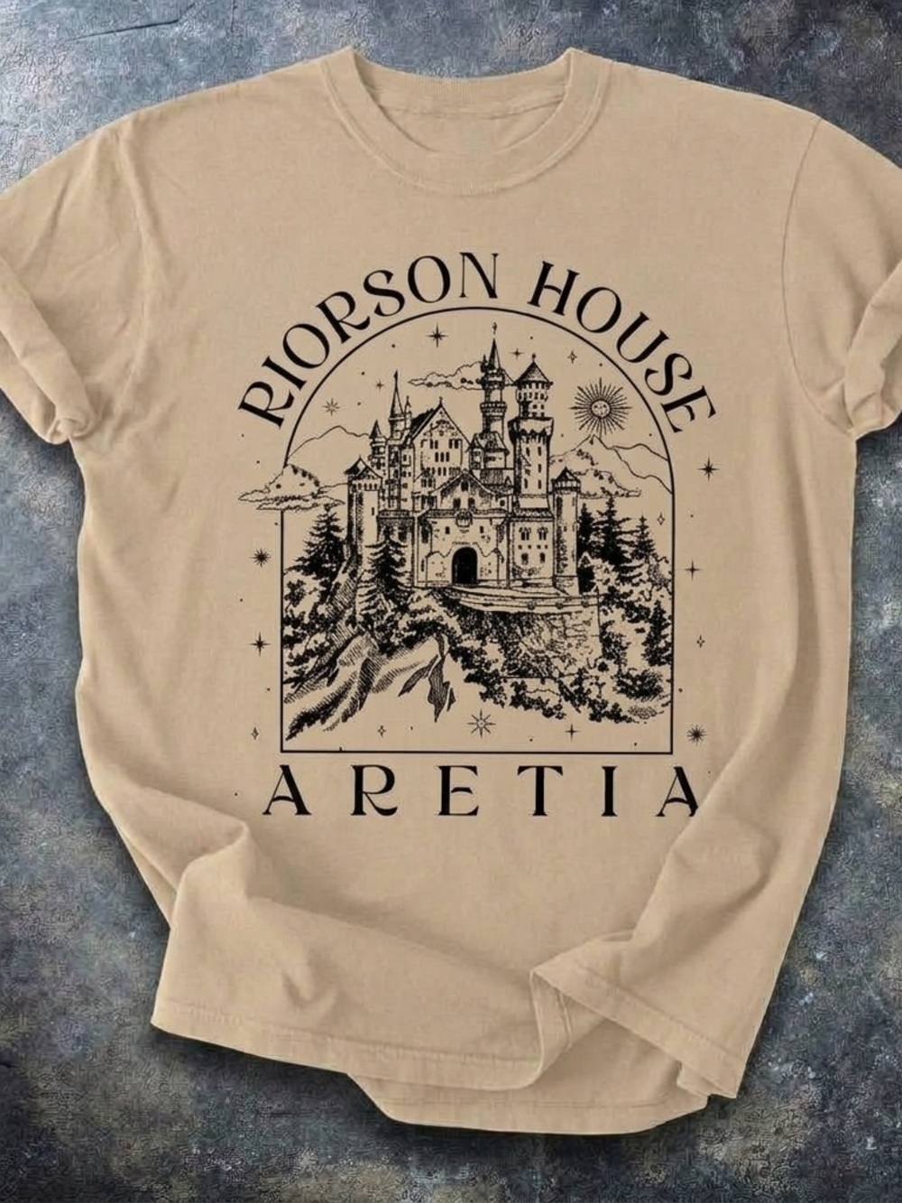 Riorson House Aretia Shirt, Fantasy Castle Castle Graphic Tee - Sand